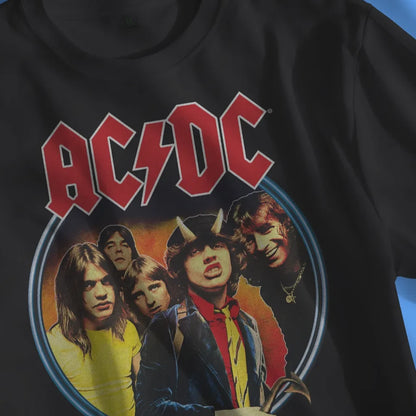 Close up of Unisex short sleeve black t-shirt featuring official AC/DC highway to hell album cover colour design