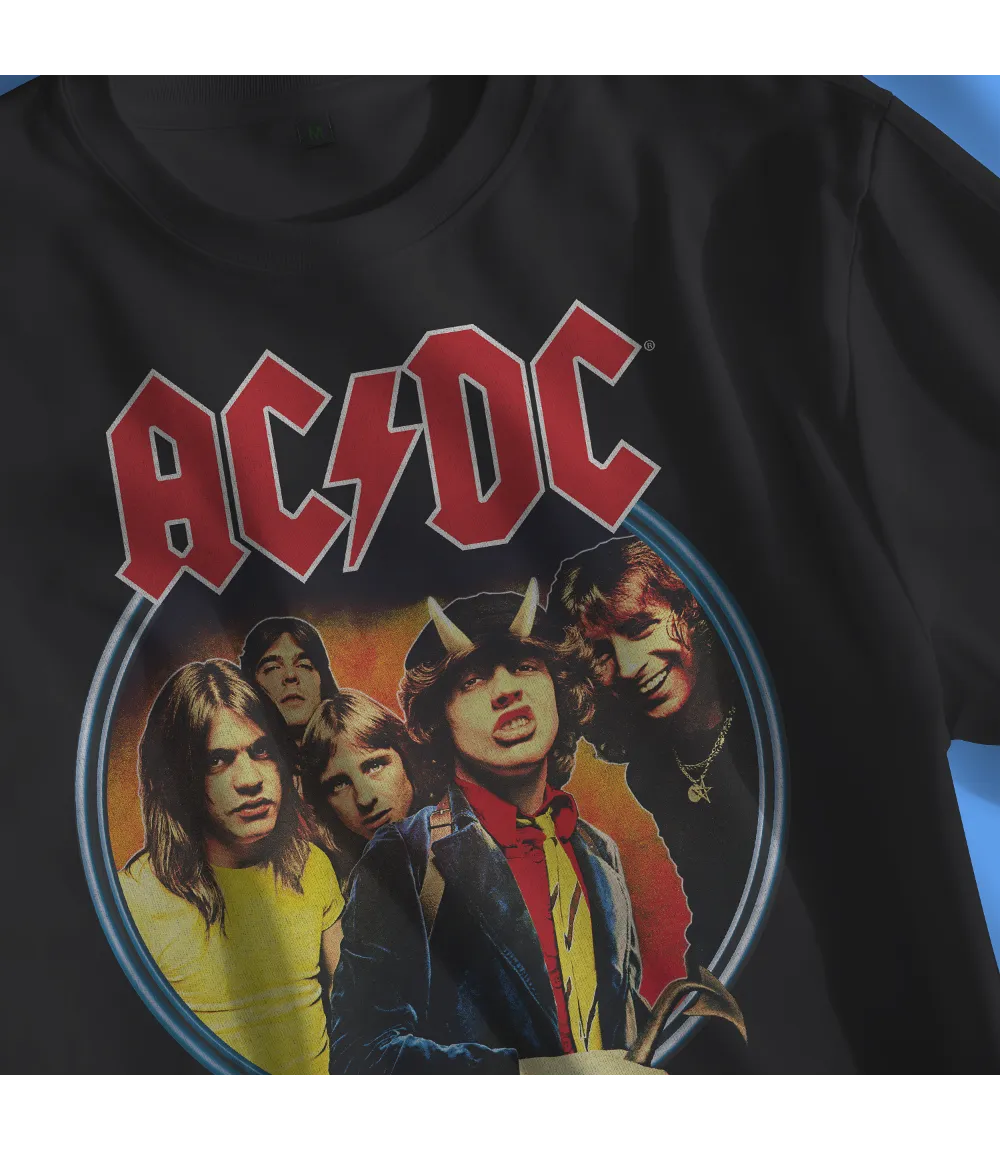 Close up of Unisex short sleeve black t-shirt featuring official AC/DC highway to hell album cover colour design