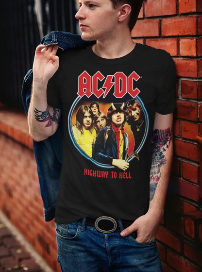 Man wearing Unisex short sleeve black t-shirt featuring official AC/DC highway to hell album cover colour design