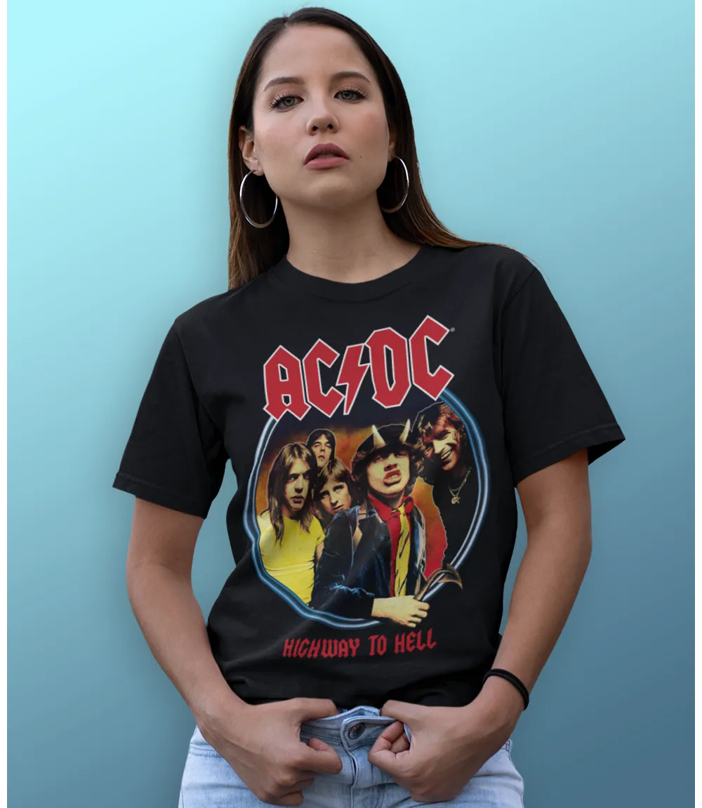 Woman wearing Unisex short sleeve black t-shirt featuring official AC/DC highway to hell album cover colour design
