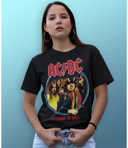 Woman wearing Unisex short sleeve black t-shirt featuring official AC/DC highway to hell album cover colour design