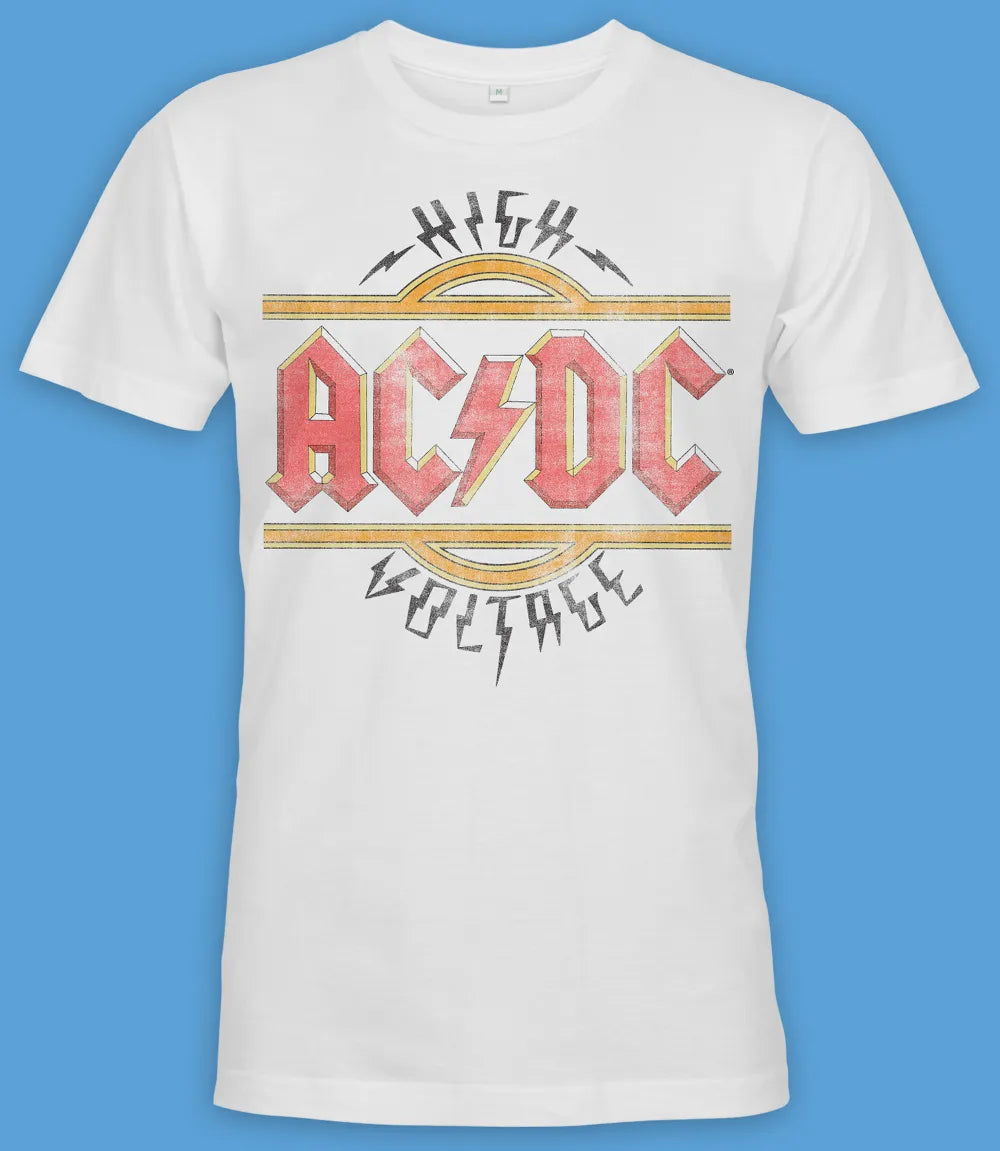 Unisex short sleeve white t-shirt featuring official AC/DC vintage style logo in the iconic red and yellow with the text High Voltage  and lightning bolts / Retro Tees