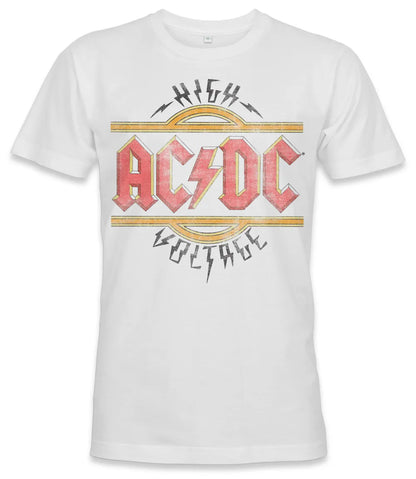 Unisex short sleeve white t-shirt featuring official AC/DC vintage style logo in the iconic red and yellow with the text High Voltage  and lightning bolts / Retro Tees