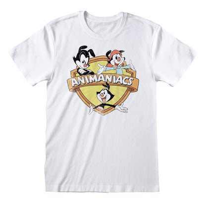white short sleeve crew neck t-shirt featuring official Animaniacs design to the front of the t-shirt. The design shows three of the wacky Animaniacs. Warner Bros official product.