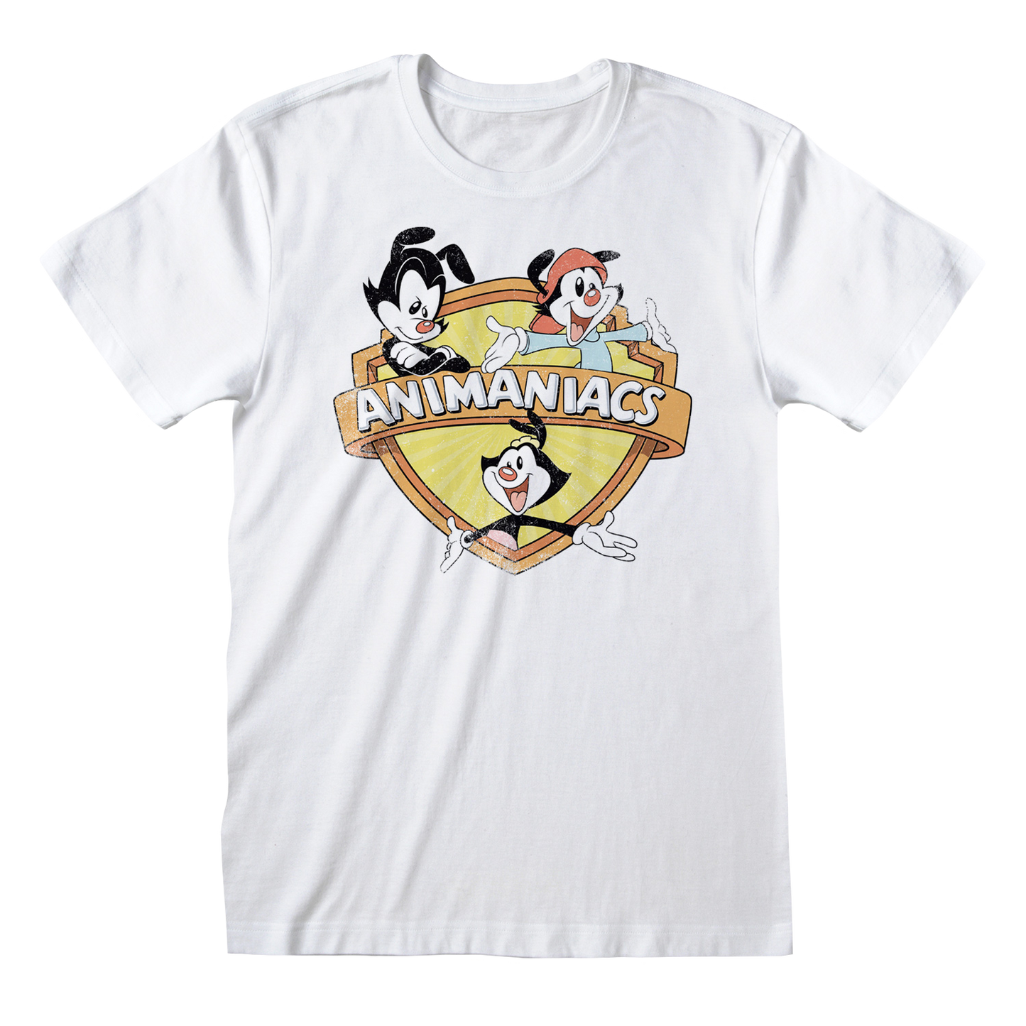 white short sleeve crew neck t-shirt featuring official Animaniacs design to the front of the t-shirt. The design shows three of the wacky Animaniacs. Warner Bros official product.