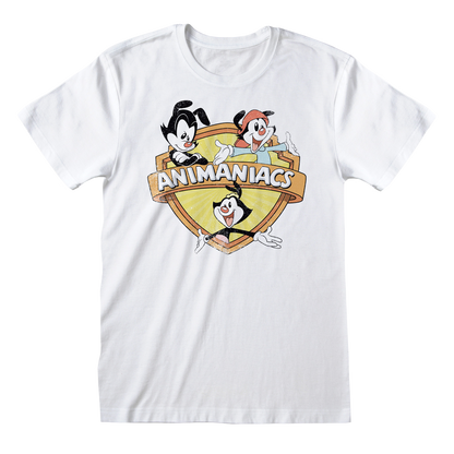 white short sleeve crew neck t-shirt featuring official Animaniacs design to the front of the t-shirt. The design shows three of the wacky Animaniacs. Warner Bros official product.