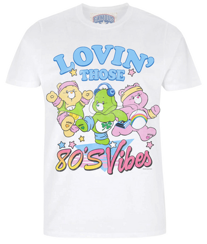 Exclusive Famous Forever vintage washed white short sleeve crew neck t-shirt featuring retro 80s Carebears design, good luck bear, funshine bear and cheer bear graphics with Lovin' those 80s vibes text. Full colour design with a retro style. Officially Licenced