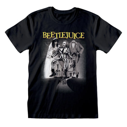 Men's unisex style black short sleeve t-shirt featuring iconic Beetlejuice movie poster graphics in black and white, with Beetlejuice text in yellow above design