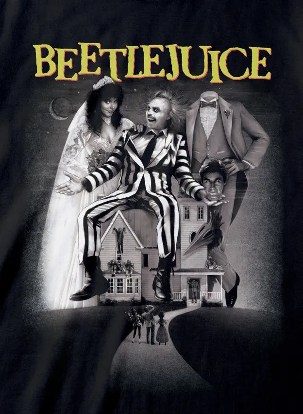 close up view of Men's unisex style black short sleeve t-shirt featuring iconic Beetlejuice movie poster graphics in black and white, with Beetlejuice text in yellow above design