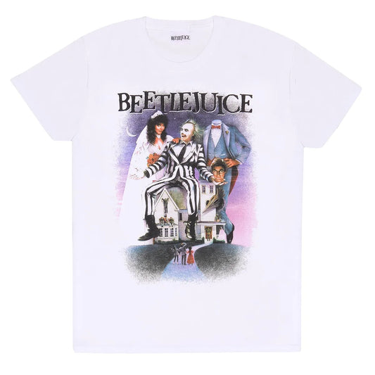 officially Licenced Beetle juice movie poster design on short sleeve white crew neck t-shirt
