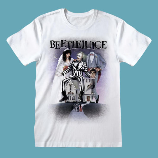 Women's retro short sleeve white t-shirt featuring colour Beetlejuice movie poster graphics