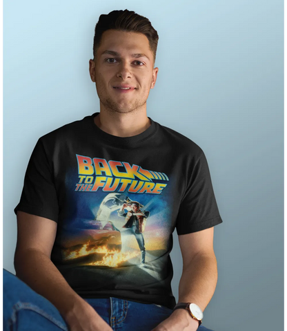Man Wearing Unisex short sleeve black t-shirt featuring official Back To The Future iconic logo movie poster design with Marty / Retro Tees