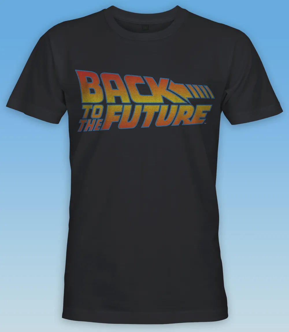 Unisex short sleeve black t-shirt featuring official Back To The Future iconic movie logo  / Retro Tees