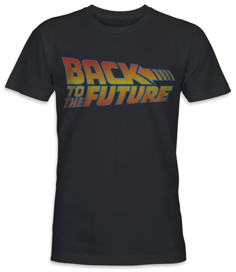 Unisex short sleeve black t-shirt featuring official Back To The Future iconic movie logo / Retro Tees