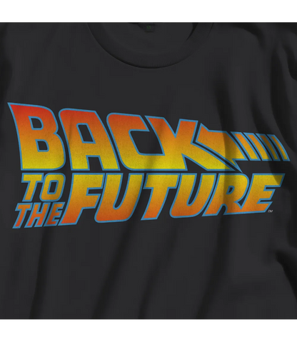 Close up of Unisex short sleeve black t-shirt featuring official Back To The Future iconic movie logo / Retro Tees