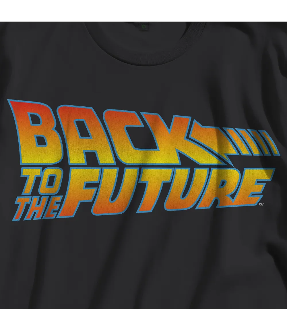 Close up of Unisex short sleeve black t-shirt featuring official Back To The Future iconic movie logo / Retro Tees