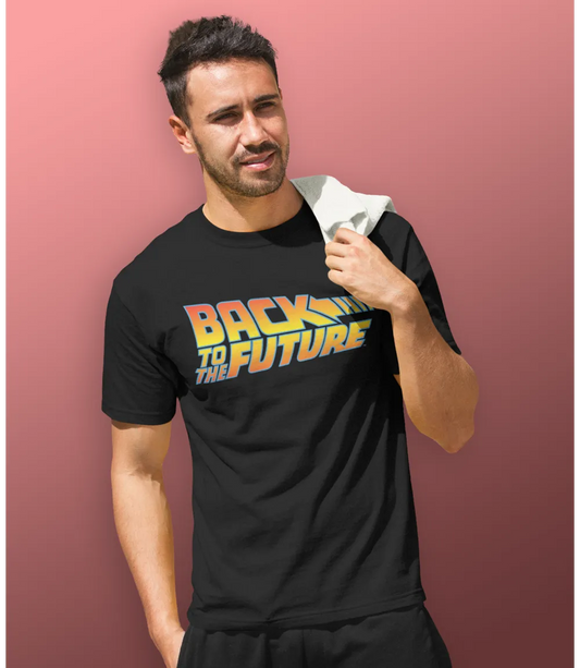 Man wearing Unisex short sleeve black t-shirt featuring official Back To The Future iconic movie logo / Retro Tees