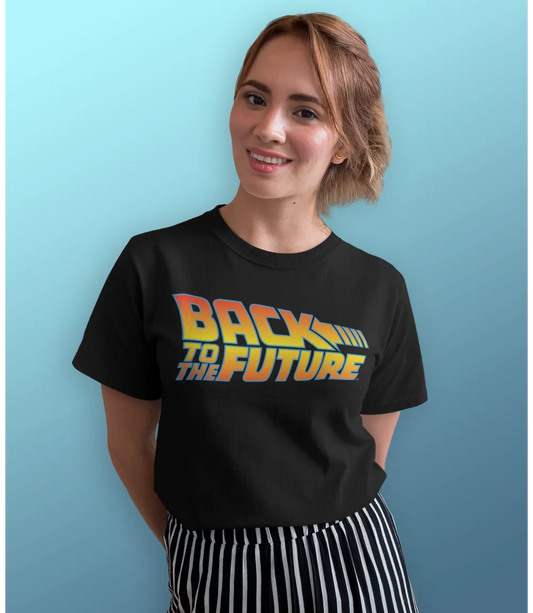 Woman wearing Unisex short sleeve black t-shirt featuring official Back To The Future iconic movie logo / Retro Tees