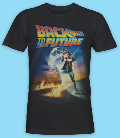 Unisex short sleeve black t-shirt featuring official Back To The Future iconic logo movie poster design with Marty / Retro Tees