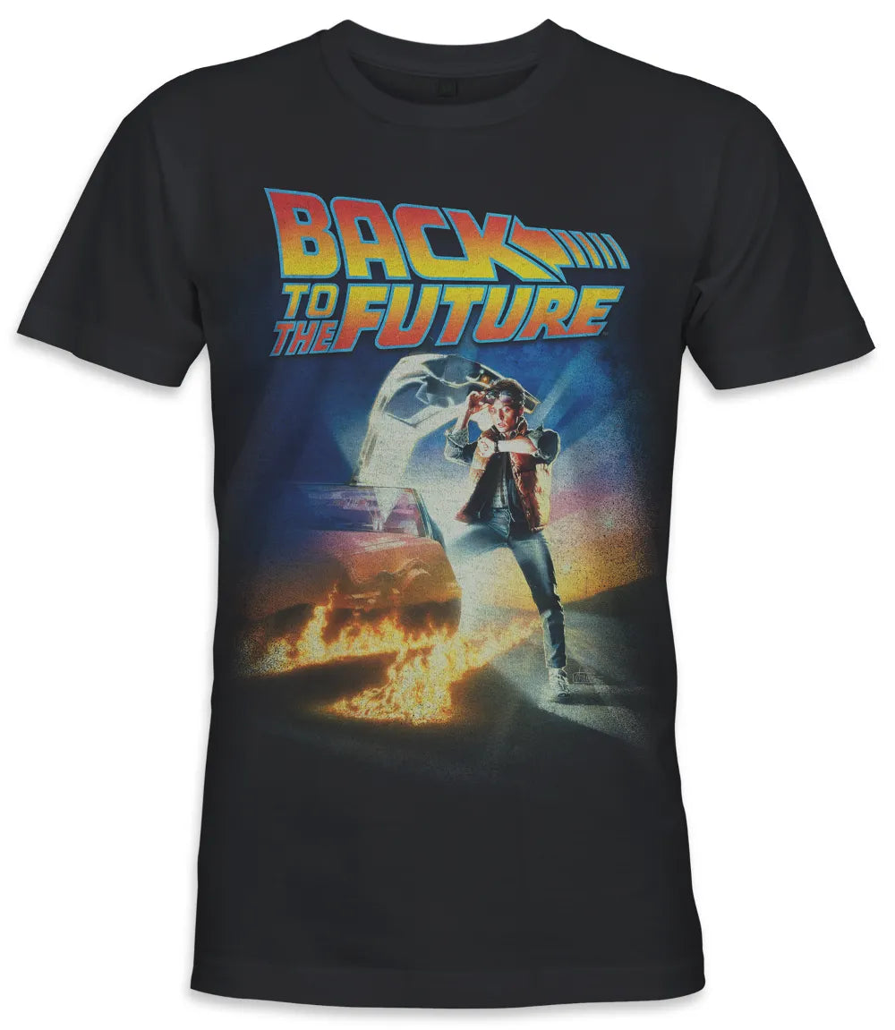 Unisex short sleeve black t-shirt featuring official Back To The Future iconic logo movie poster design with Marty / Retro Tees