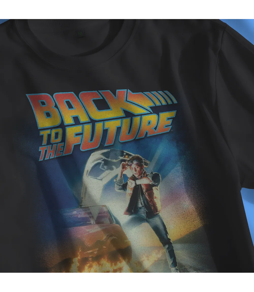 Close up of Unisex short sleeve black t-shirt featuring official Back To The Future iconic logo movie poster design with Marty / Retro Tees