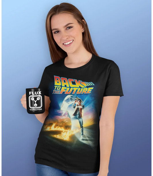 Woman wearing Unisex short sleeve black t-shirt featuring official Back To The Future iconic logo movie poster design with Marty / Retro Tees