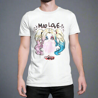 Man wearing officially licenced DC Comics Harley Quinn white t-shirt. This awesome top features comic book style Harley quin with her iconic coloured pony tails blowing a bubble with Mad Love text above her and Harley Quinn logo below