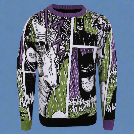 Retro Tees acrylic knit jumper featuring a Batman & Joker manga style comic book strip design to the front and sleeves