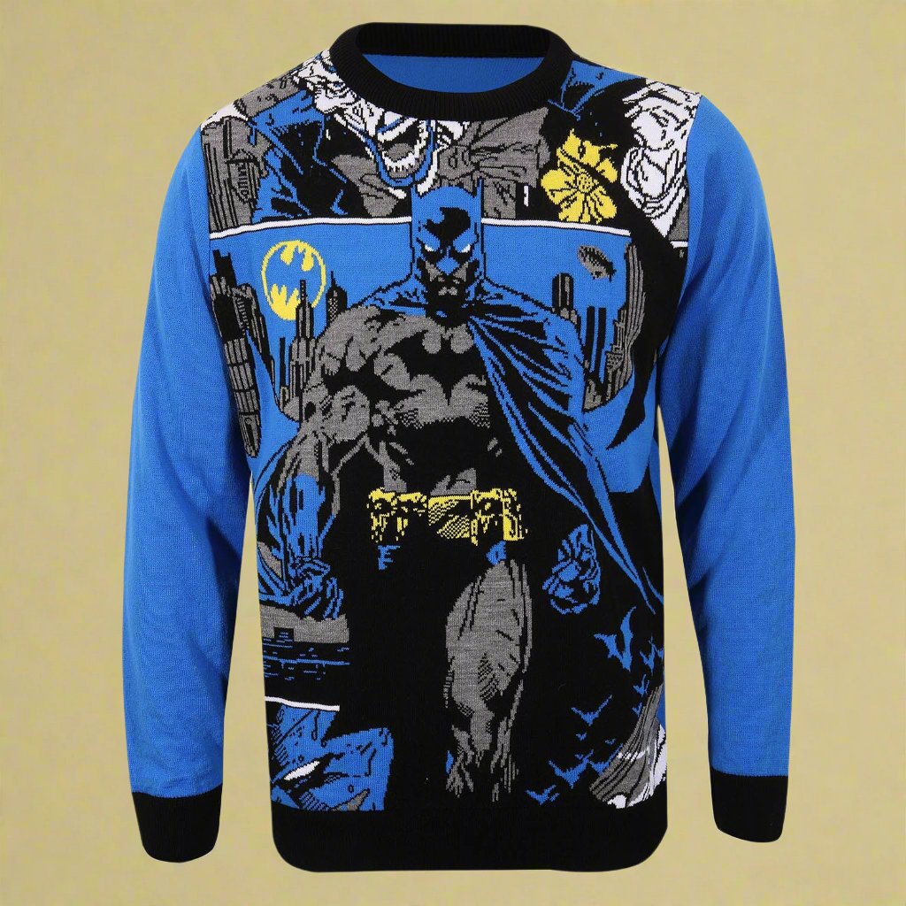 Retro Tees long sleeve tight knit blue jumper featuring Large Batman comic book design unisex fit