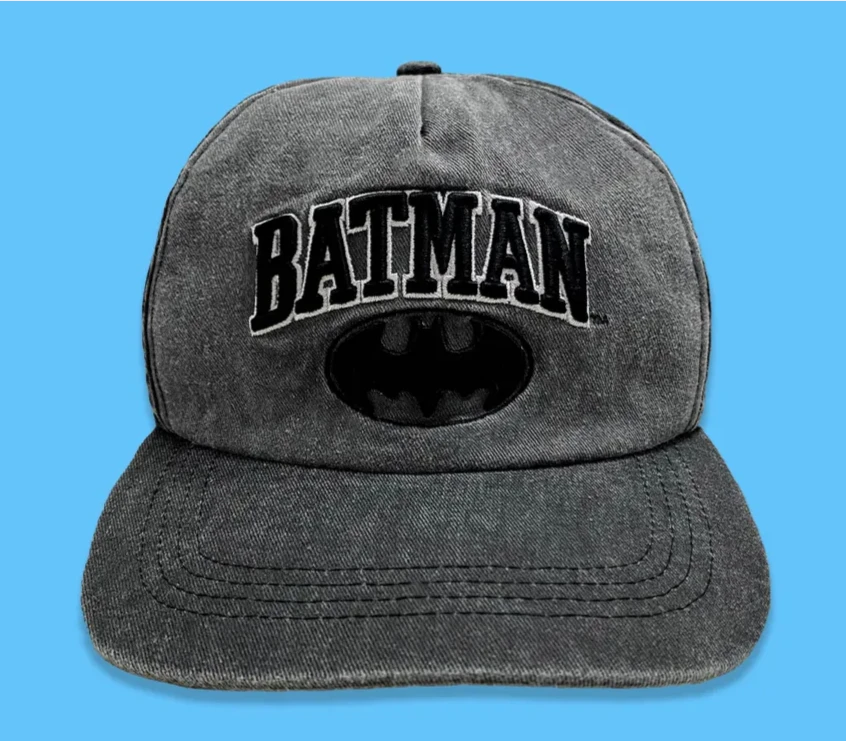 Officially licenced vintage washed grey Batman baseball cap with iconic Batman logo with Batman embroidered text above