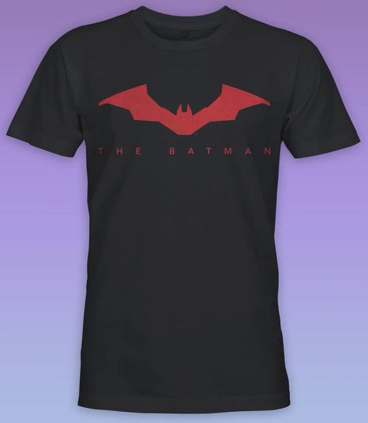 Unisex short sleeve black t-shirt featuring official DC Comics The BATMAN text in red and red Bat logo design / Retro Tees