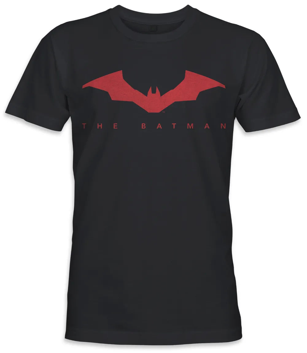 Unisex short sleeve black t-shirt featuring official DC Comics The BATMAN text in red and red Bat logo design / Retro Tees