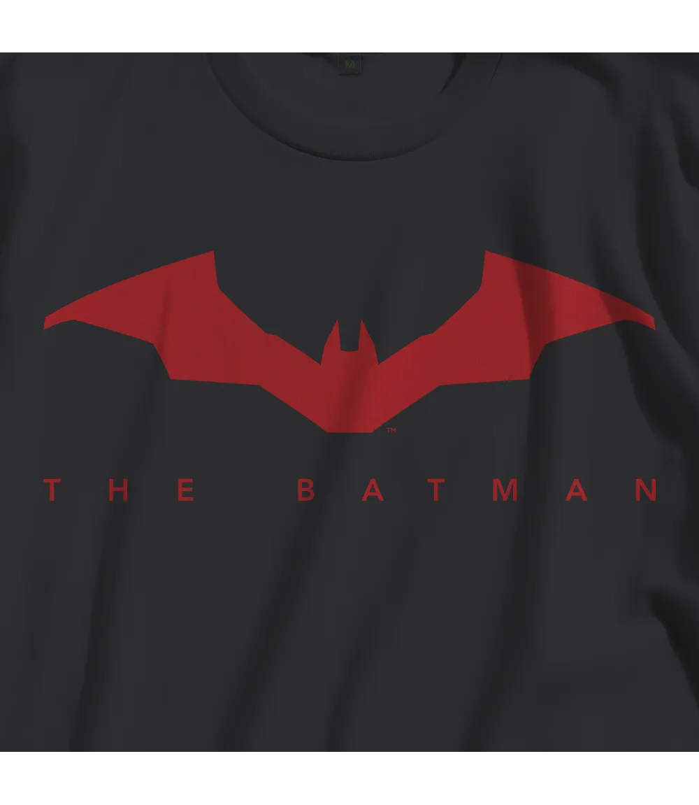 Close up of Unisex short sleeve black t-shirt featuring official DC Comics The BATMAN text in red and red Bat logo design / Retro Tees