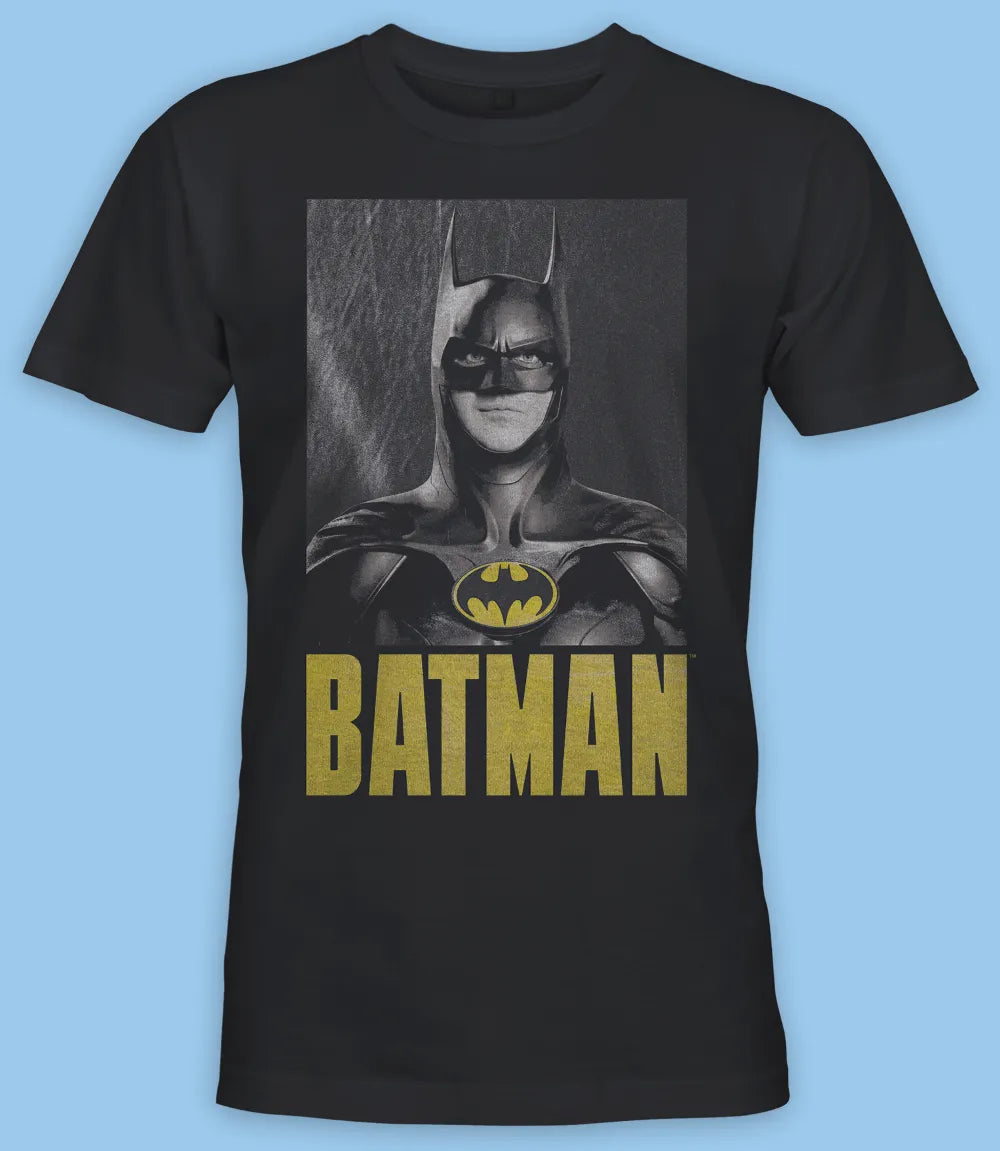 Unisex short sleeve black t-shirt featuring official Michael Keaton BATMAN poster design / Retro Tees