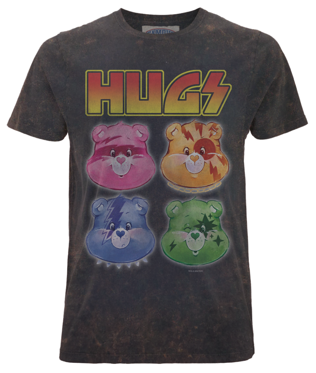 Exclusive Famous Forever vintage washed black short sleeve crew neck t-shirt featuring retro Carebears rock band design, good luck bear, funshine bear, grumpy bear and cheer bear rock star graphics with HUGS text. Full colour design with a vintage rock band style. Officially Licenced