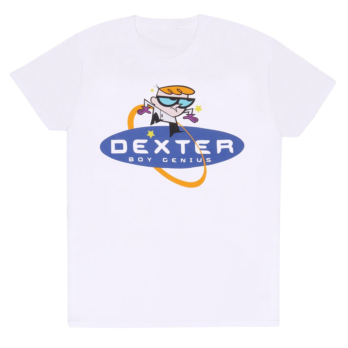 Retro Tees white short sleeve men's unisex t-shirt featuring 90s awesome Dexter boy genius cartoon graphics, officially licenced product