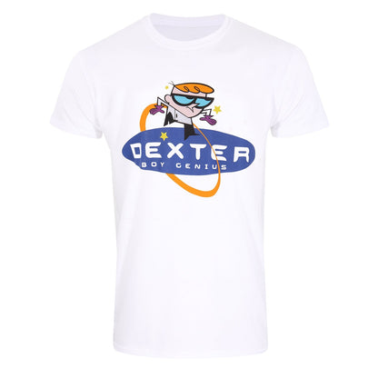Woman wearing Retro Tees white short sleeve t-shirt featuring 90s awesome Dexter boy genius cartoon graphics, officially licenced product