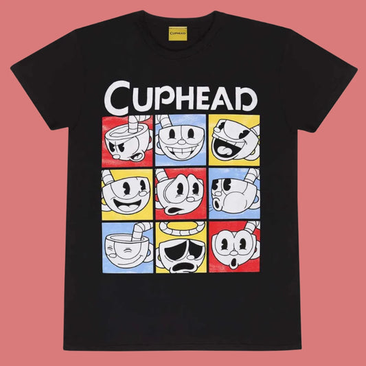 officially licenced Cuphead gaming expressions T-shirt. This short sleeve cotton crew neck black t-shirt features the unique cuphead gaming graphics with cuphead text. This t-shirt design celebrates the quirky expressions from the amazing game for any gaming fan.