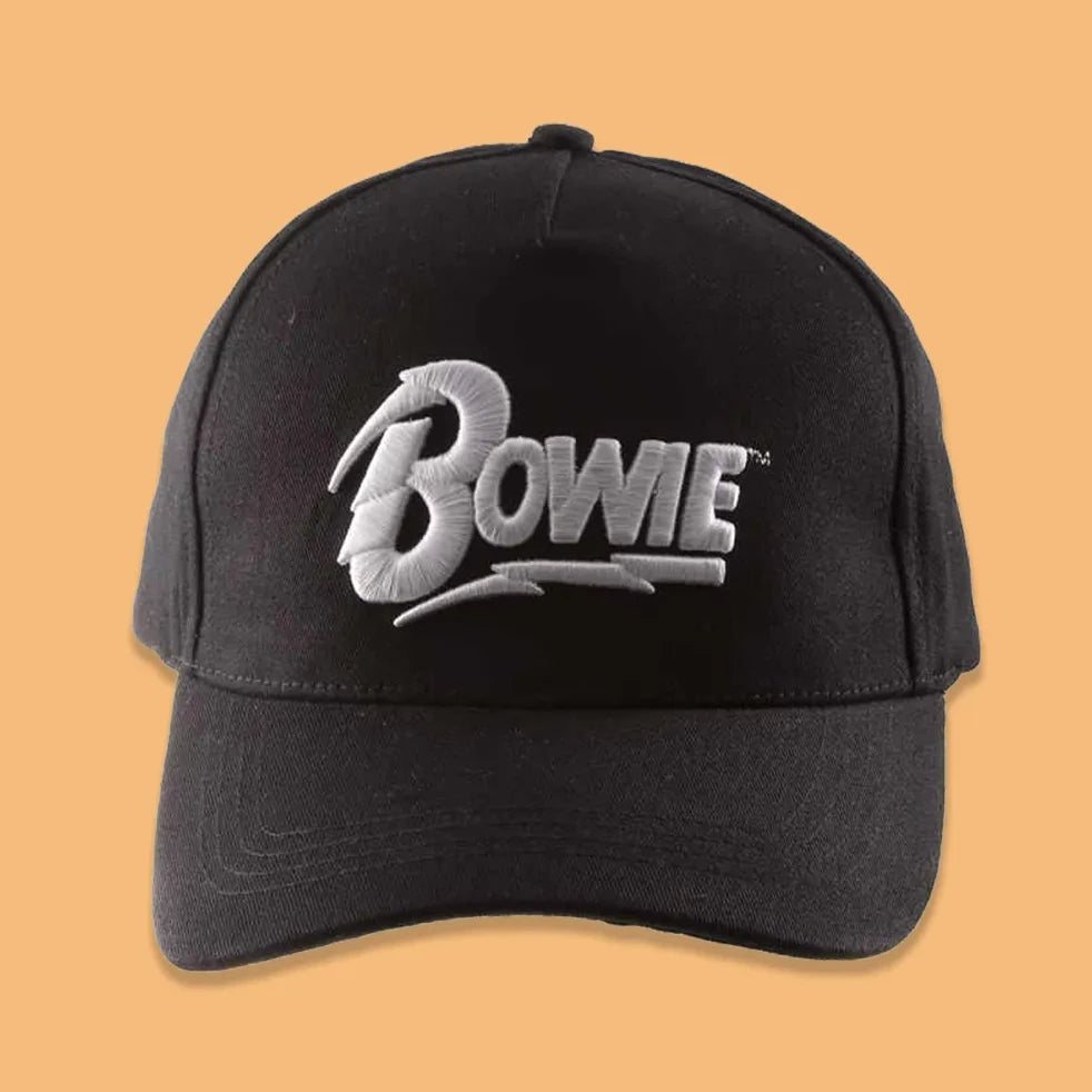 Officially licenced David Bowie baseball cap in black with Bowie embroidered in white