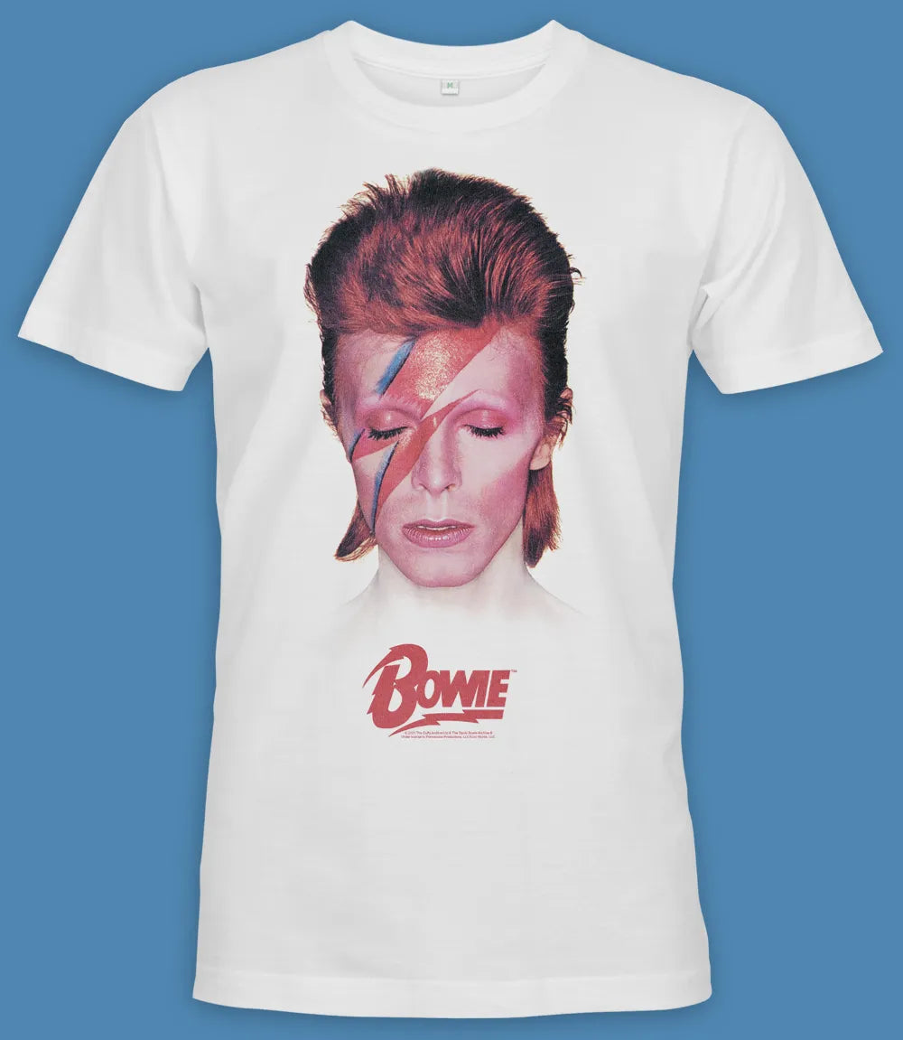 Unisex short sleeve white t-shirt featuring official David Bowie Aladdin Sane album cover design with Bowie text in red below / Retro Tees