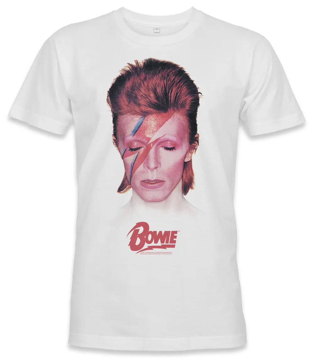 Unisex short sleeve white t-shirt featuring official David Bowie Aladdin Sane album cover design with Bowie text in red below / Retro Tees