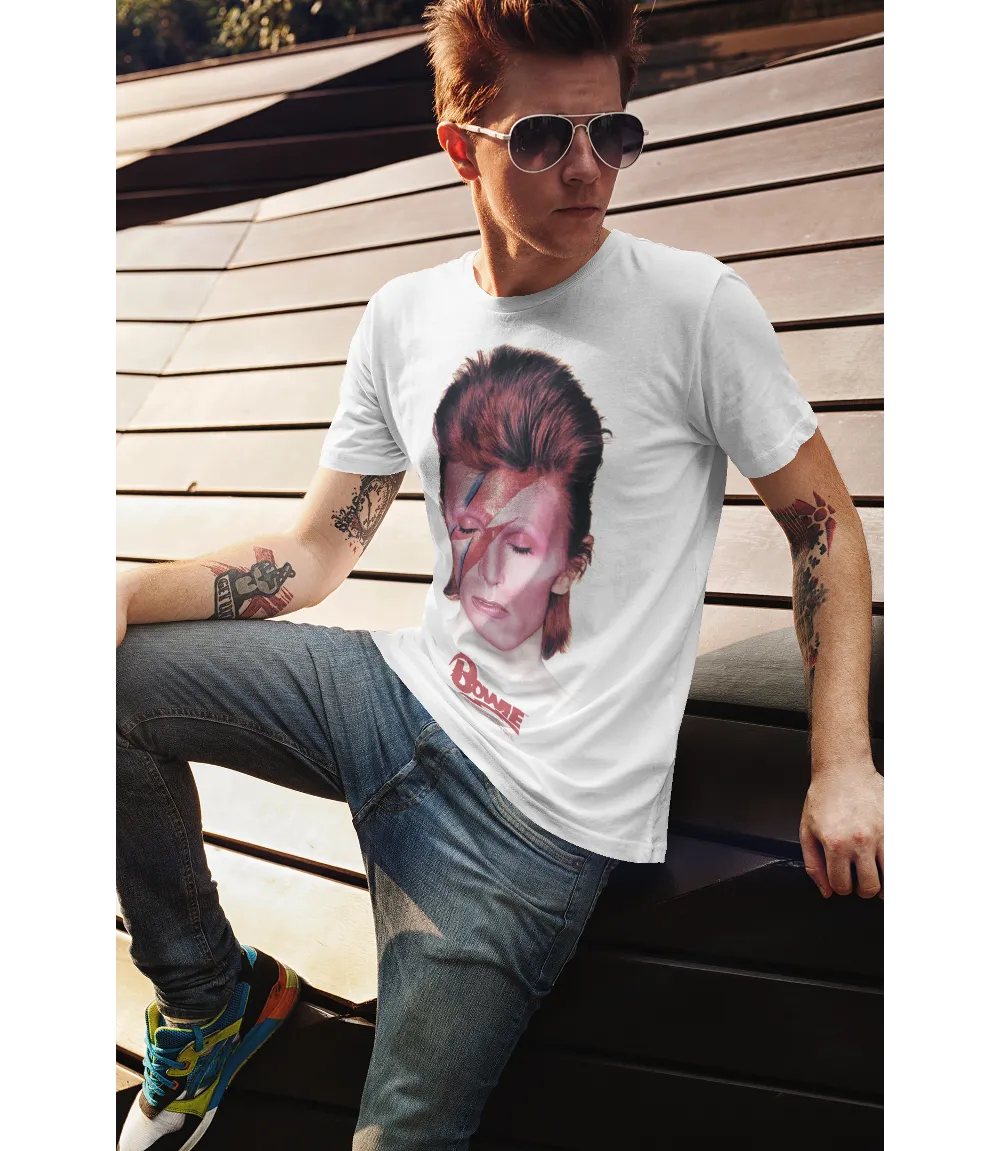 Man wearing Unisex short sleeve white t-shirt featuring official David Bowie Aladdin Sane album cover design with Bowie text in red below / Retro Tees