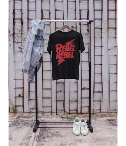 Unisex short sleeve black t-shirt featuring official David Bowie design, Rebel Rebel red Text with iconic lightning bolt behind in red and blue / Retro Tees