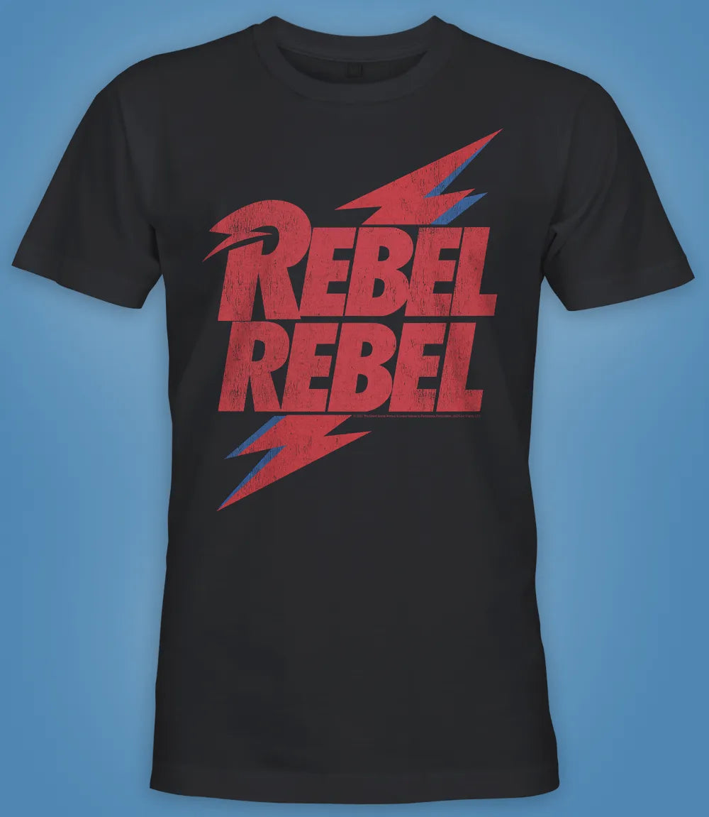 Unisex short sleeve black t-shirt featuring official  David Bowie design, Rebel Rebel red Text with iconic lightning bolt behind in red and blue  / Retro Tees