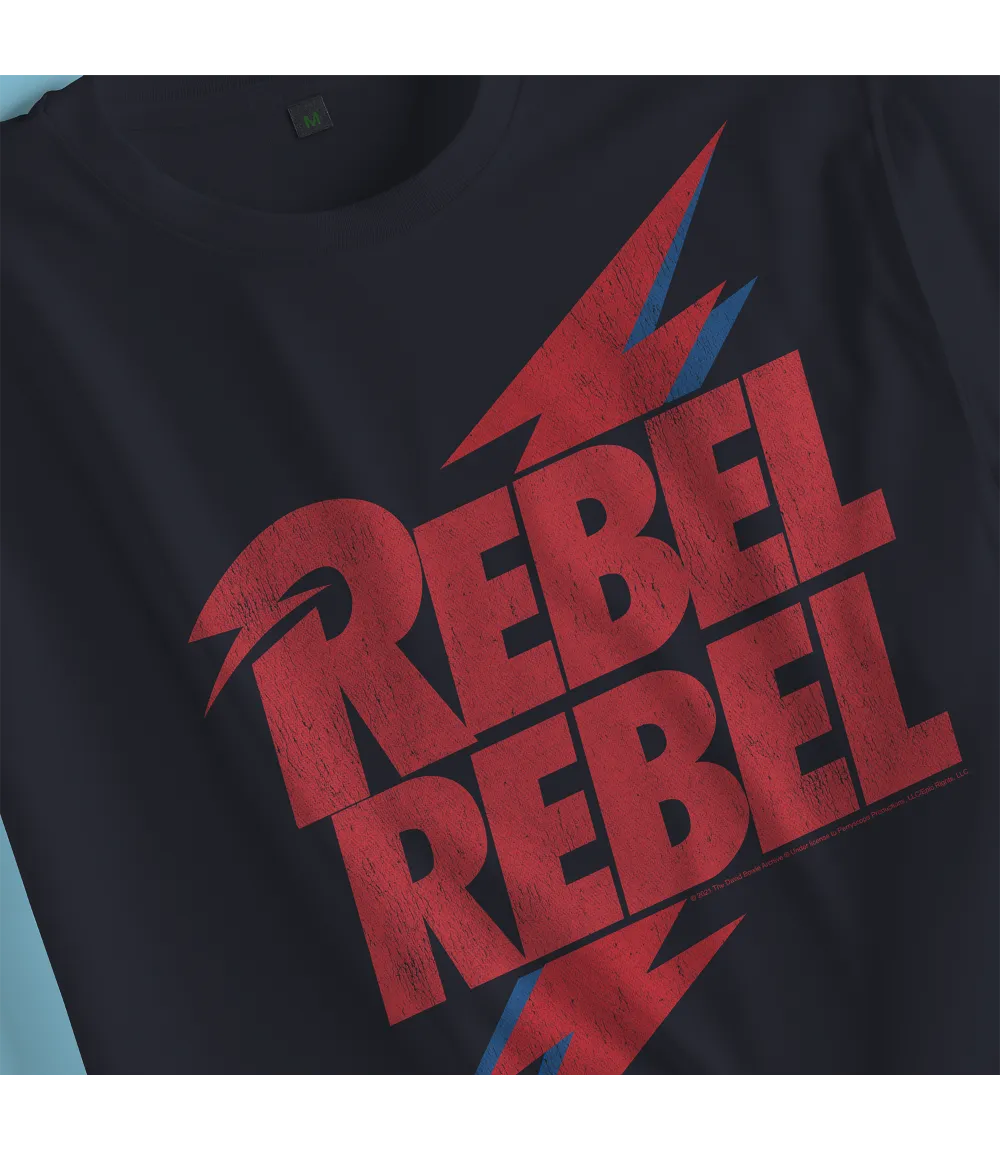 Close up of Unisex short sleeve black t-shirt featuring official David Bowie design, Rebel Rebel red Text with iconic lightning bolt behind in red and blue / Retro Tees