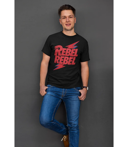 Man wearing Unisex short sleeve black t-shirt featuring official David Bowie design, Rebel Rebel red Text with iconic lightning bolt behind in red and blue / Retro Tees