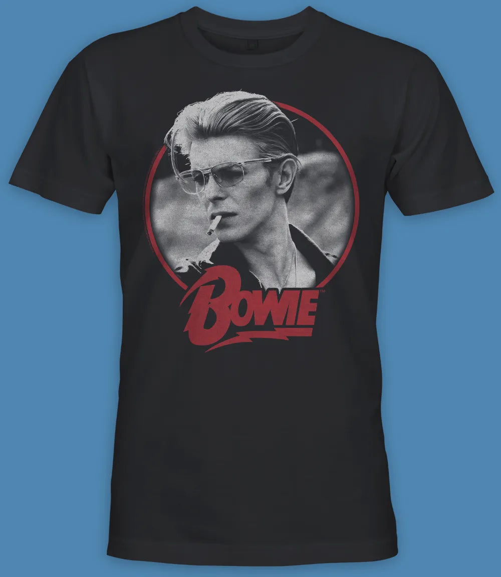 Unisex short sleeve black t-shirt featuring official David Bowie smoking portrait design with Bowie text in red below / Retro Tees