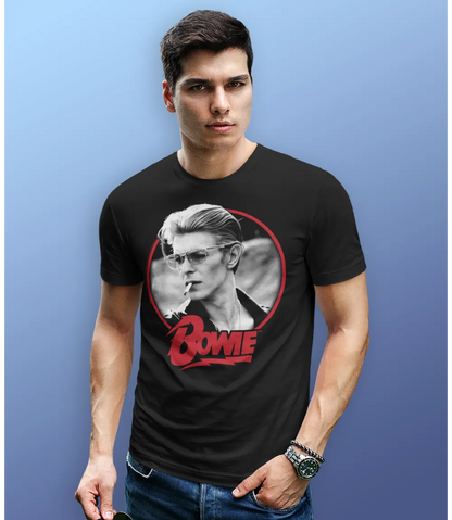 Man wearing Unisex short sleeve black t-shirt featuring official David Bowie smoking portrait design with Bowie text in red below / Retro Tees