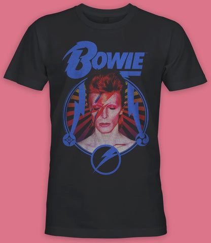 Unisex short sleeve black t-shirt featuring official David Bowie Ziggy Stardust  Flash portrait design with Bowie text in blue above / Retro Tees