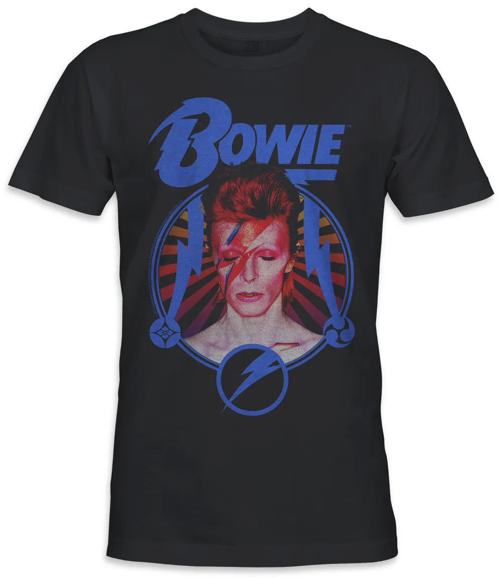 Unisex short sleeve black t-shirt featuring official David Bowie Ziggy Stardust Flash portrait design with Bowie text in blue above / Retro Tees